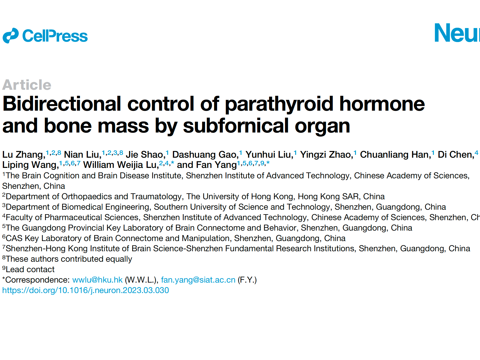 Bidirectional control of parathyroid hormone and bone mass by subfornical organ